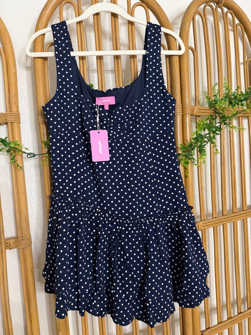 EDIKTED Navy Polka Dot Sleeveless Ruffle Dress with attached shorts